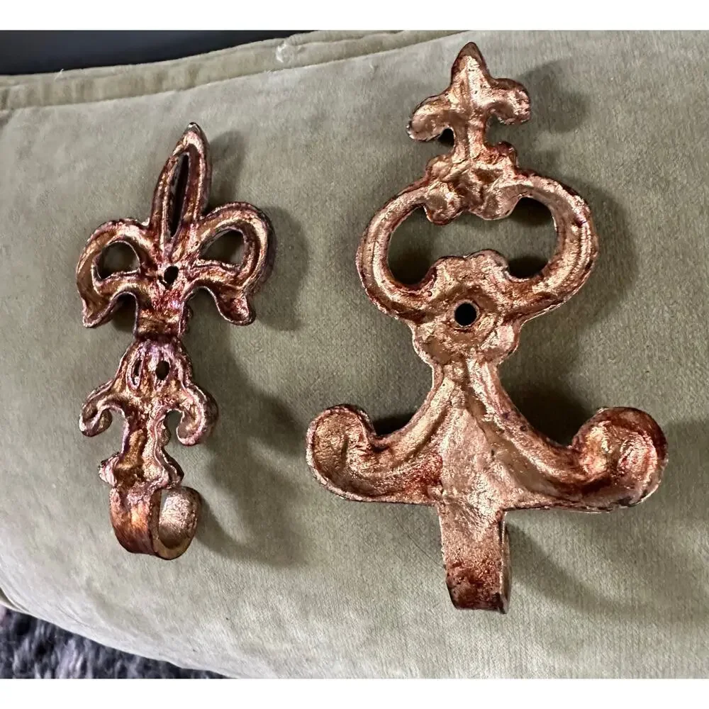 Vintage Wall Hooks, French style Decor gold metal ornate set of 2, 5x3”
